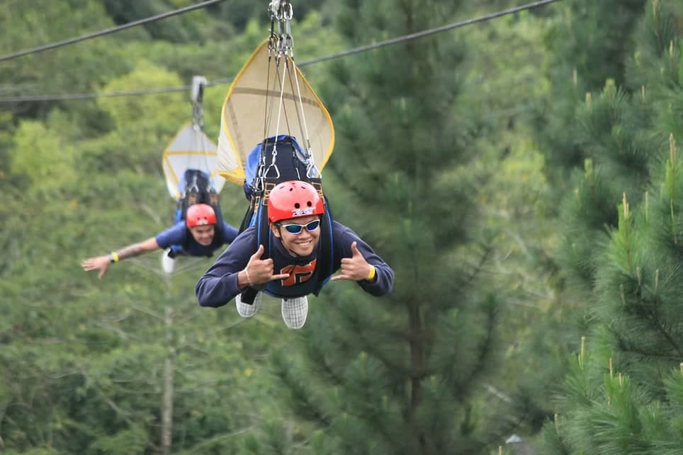 Two visitors riding a zipline through the pine landscape at Dahilayan Adventure Park