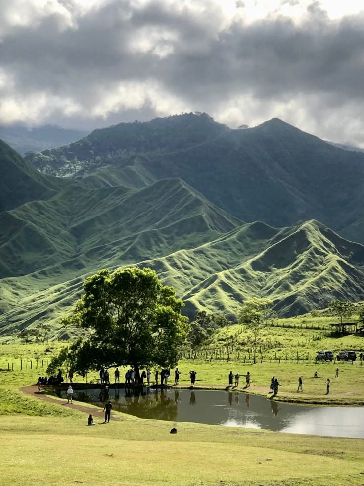 A lone tree and pond beneath layered mountain ridges at Communal Ranch in Impasugong